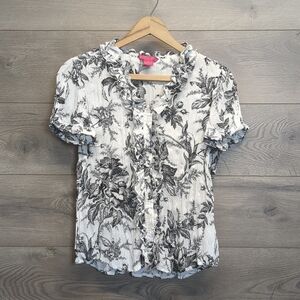 Sunny Leigh Petite Floral Ruffle Button Blouse Womens Size Small